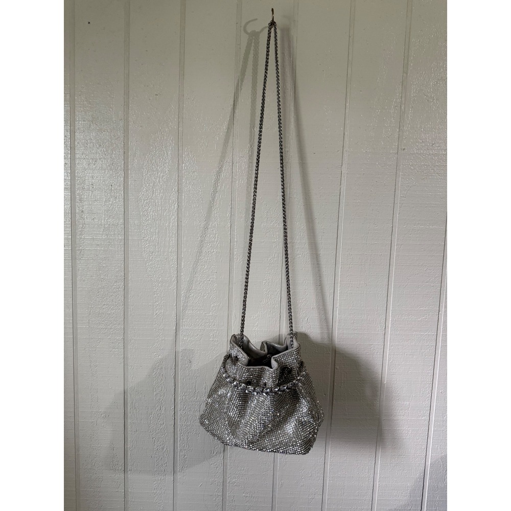 Silver Rhinestone Bucket Bag Crystal Ring Handle Evening Crossbody Handbag